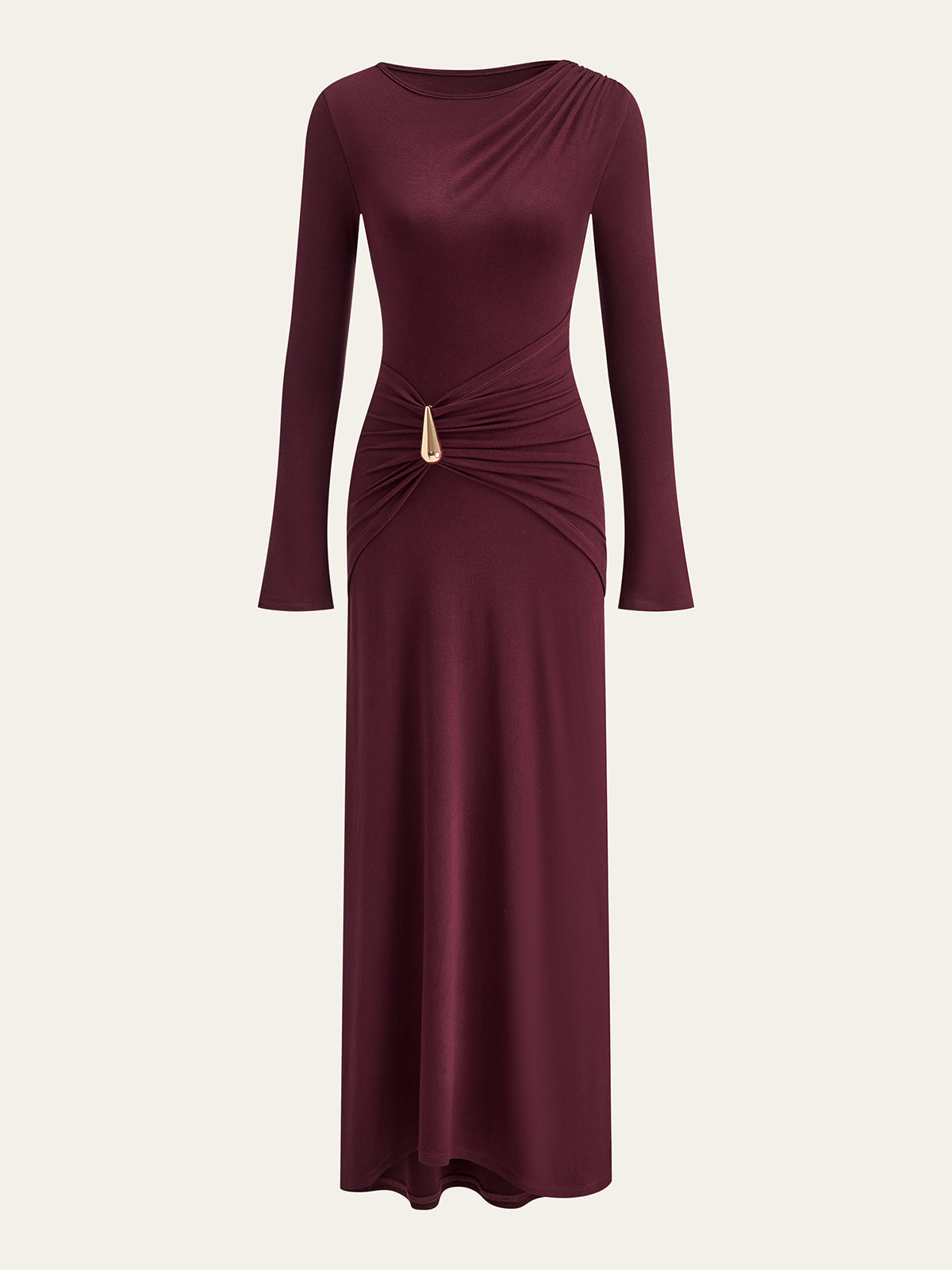 Daphne burgundy ruched maxi dress, full-length view without a model