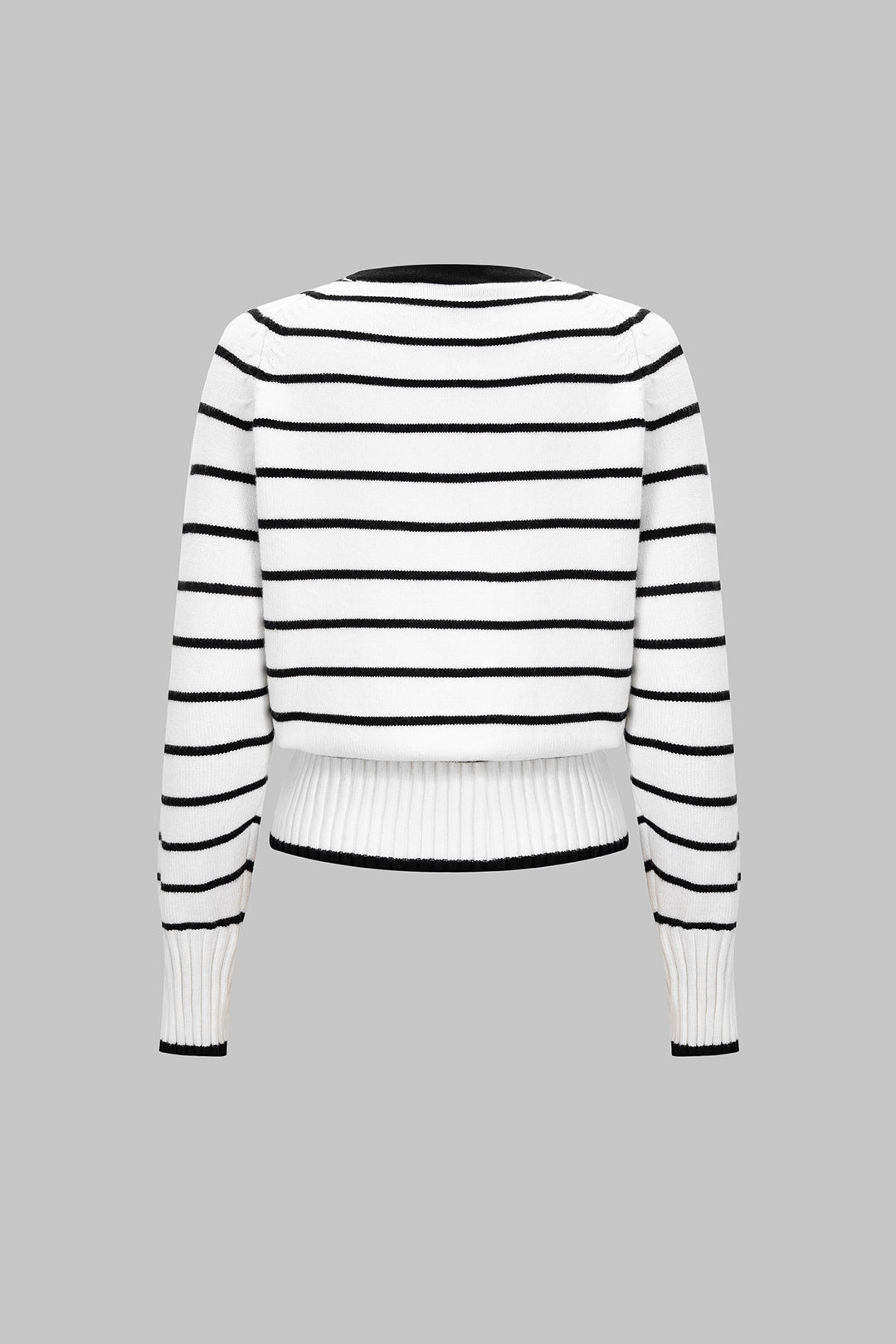 Denise white and black Breton stripe cardigan laid flat, back