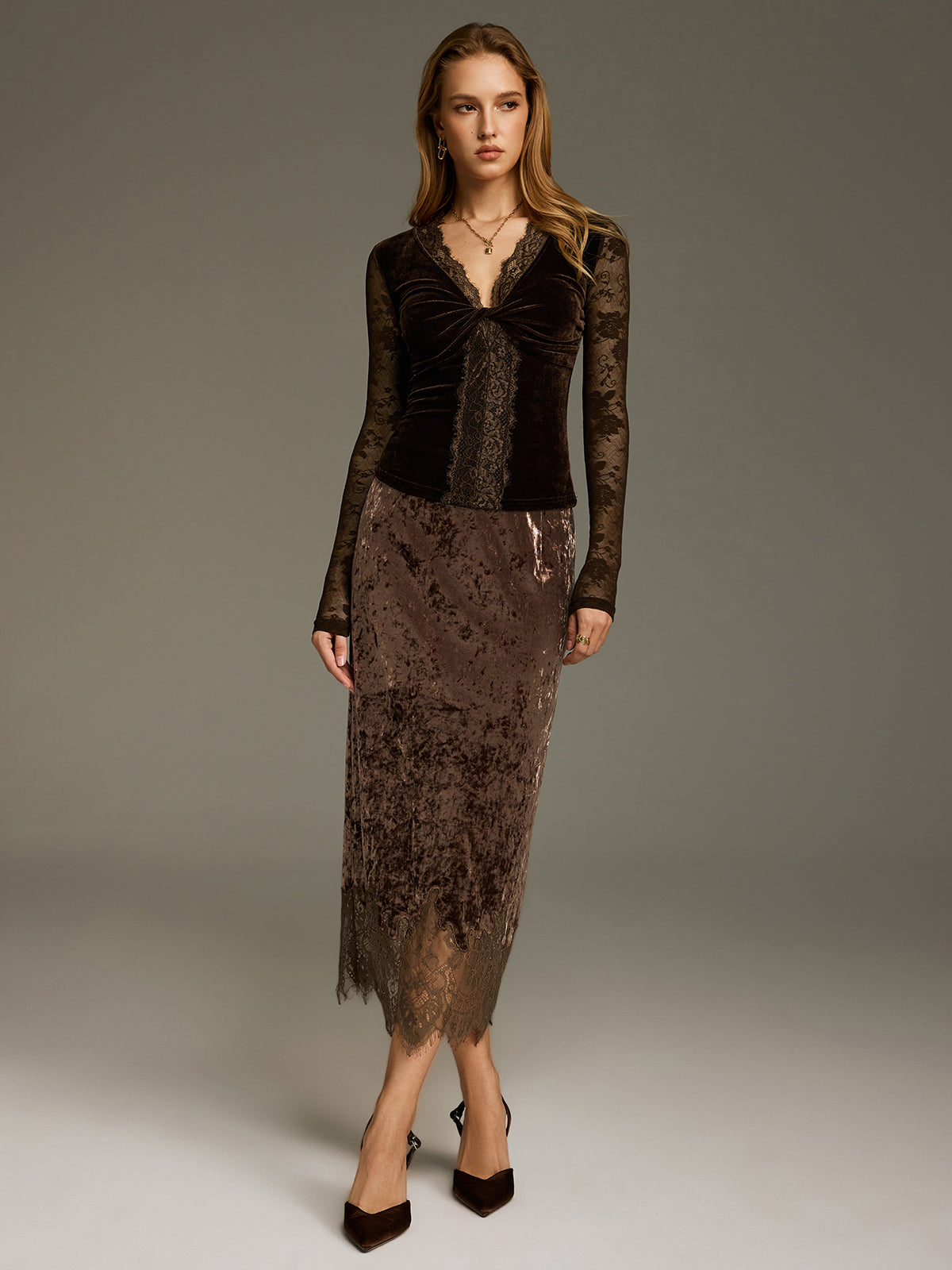 Desiree brown velvet lace twist front V-neck blouse, full-length front view