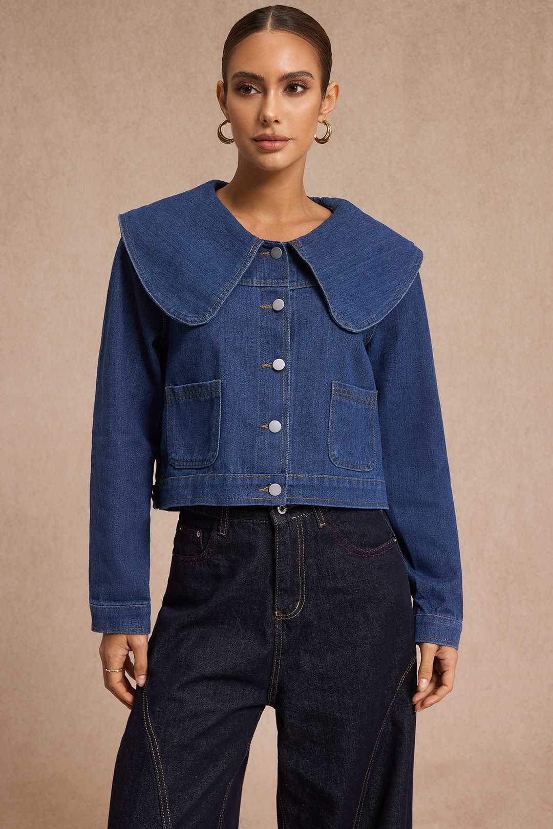 Diane blue oversized-collar denim jacket, front view