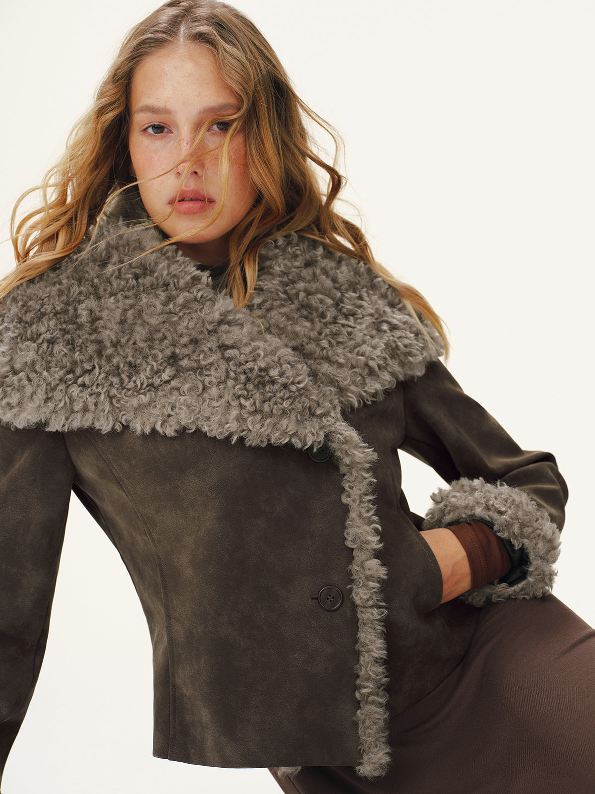 Dorothee brown faux fur trim fitted jacket, cropped close-up of the wide faux fur collar and buttoned front