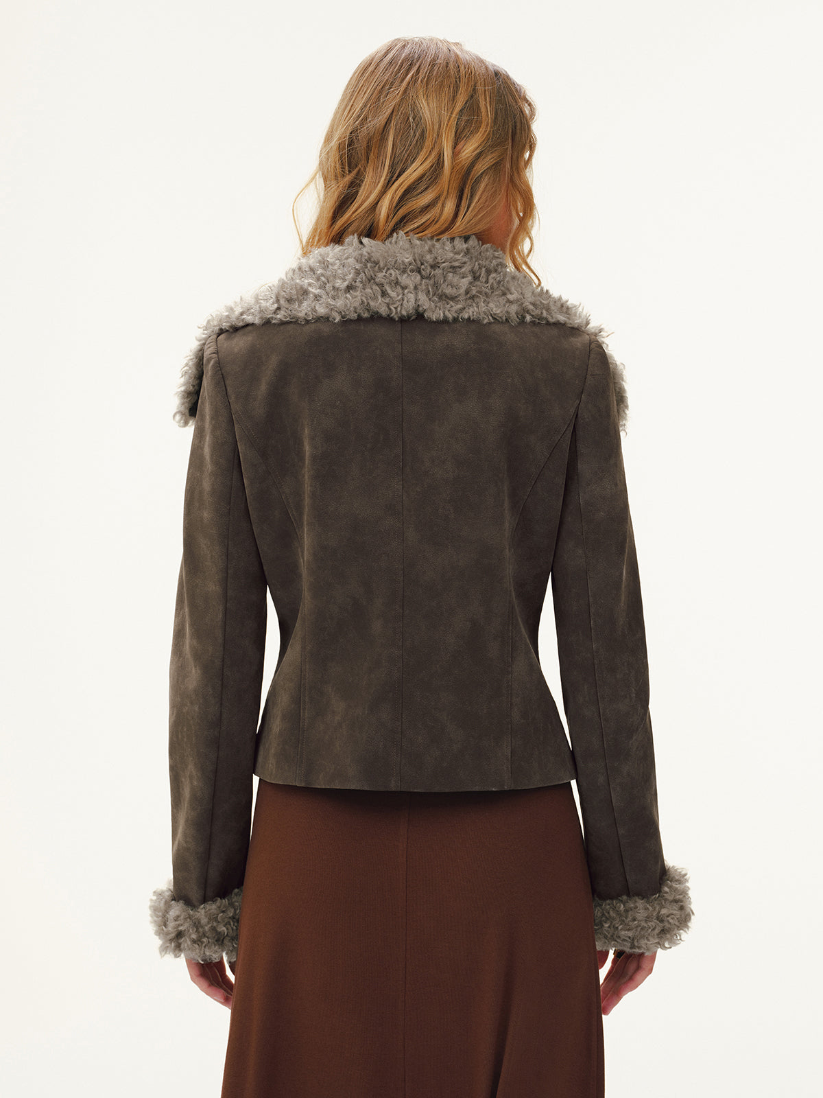 Dorothee brown faux fur trim fitted jacket, back view showing the faux fur collar and cuffs