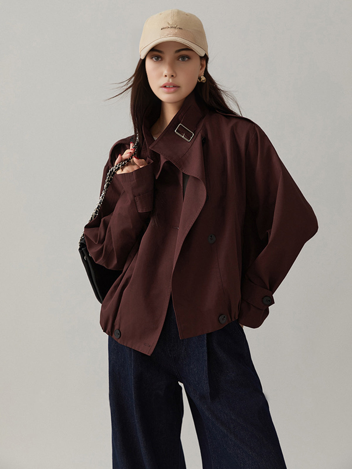 Edmee Maroon buckle collar oversized jacket worn open, front view