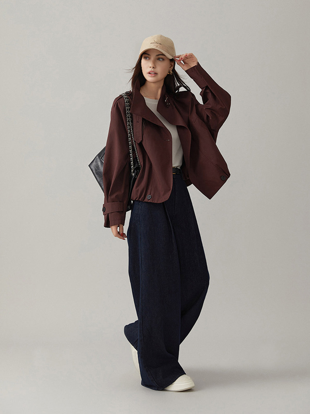 Edmee Maroon buckle collar cropped jacket, full-length view