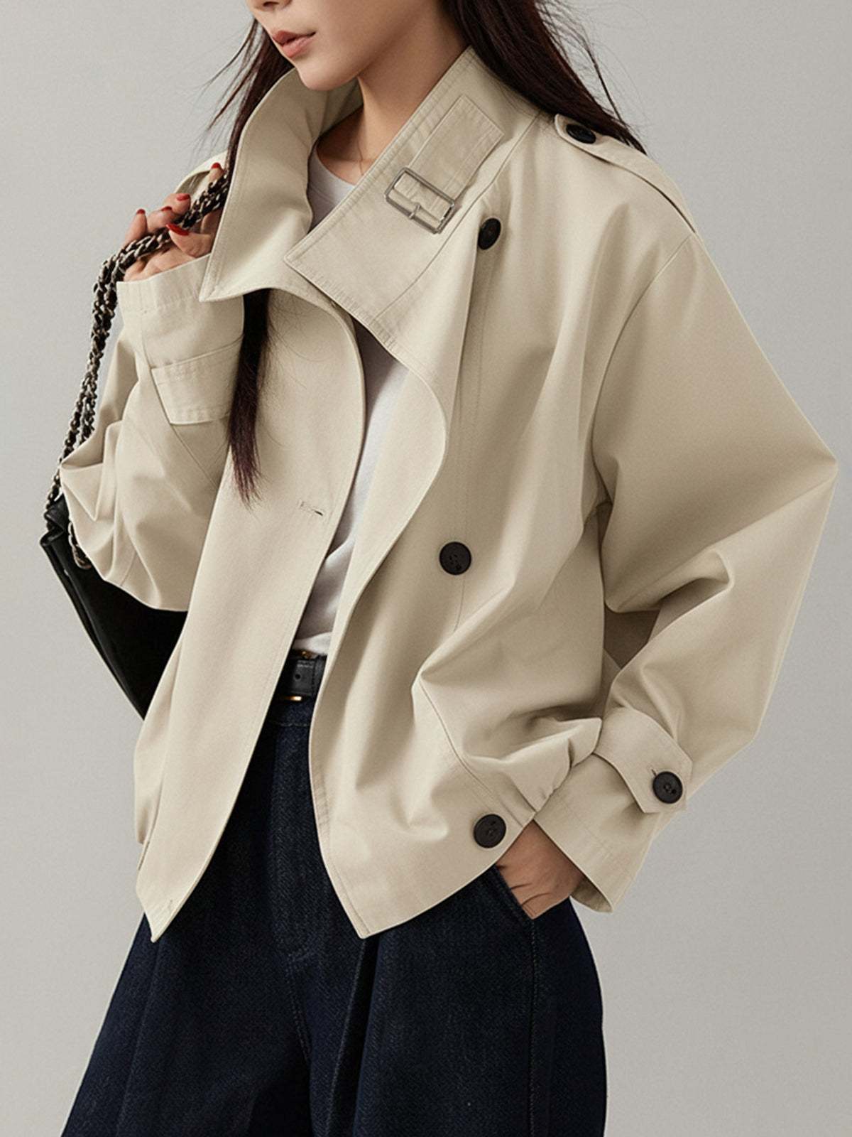 Edmee Cream buckle collar oversized jacket, three-quarter view