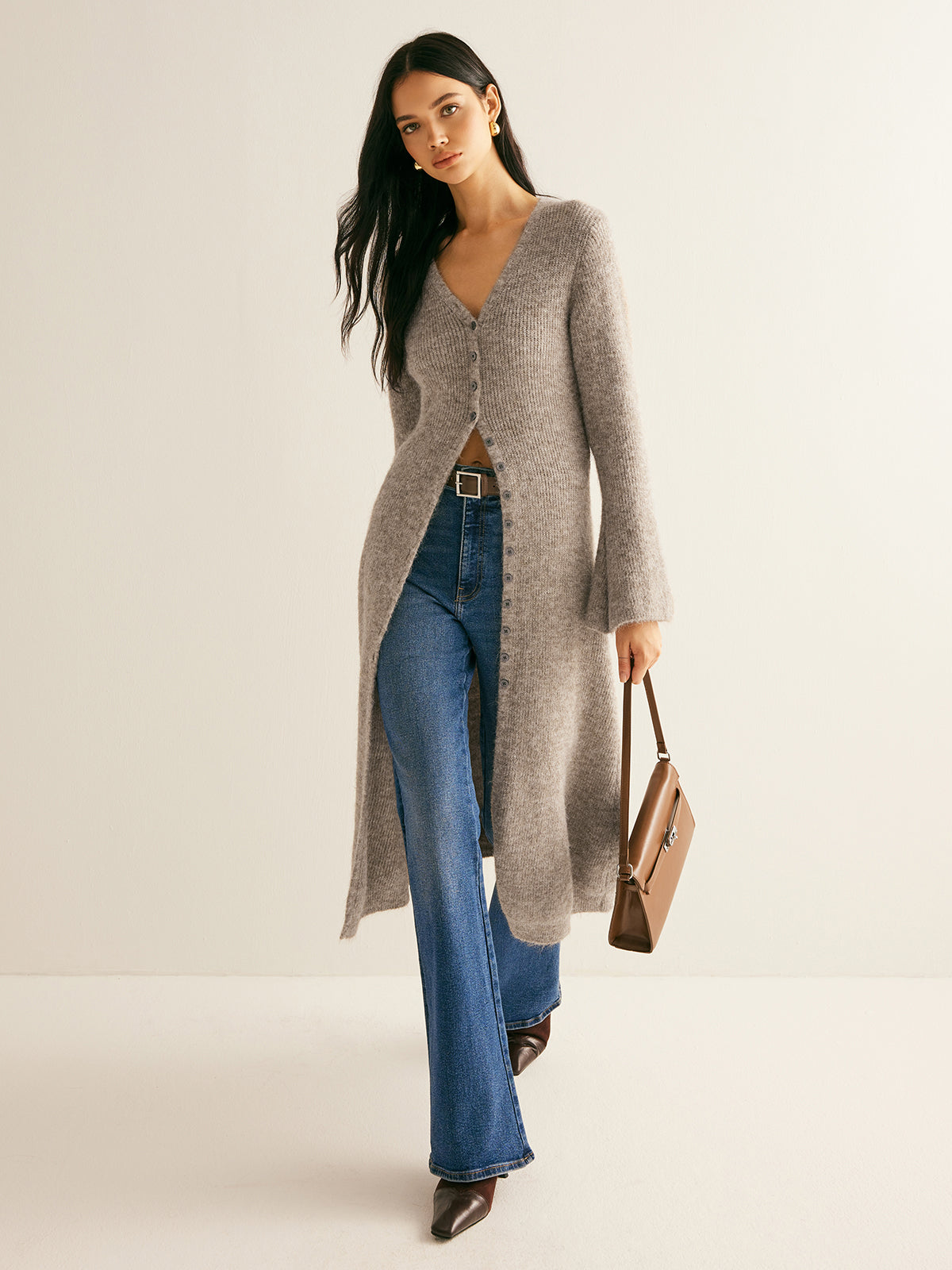 Eglantine taupe longline button-front cardigan, front view