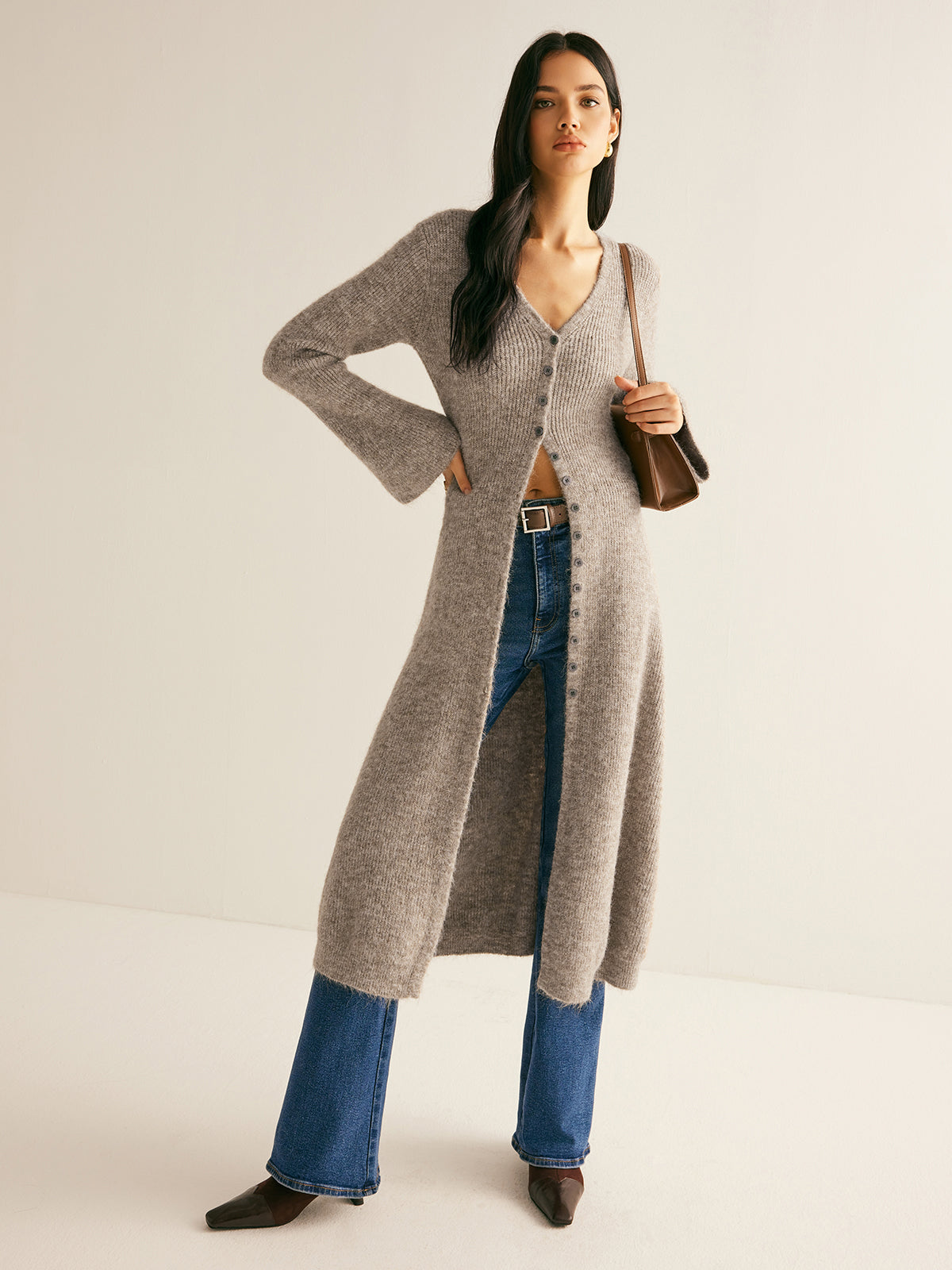 Eglantine taupe longline cardigan buttoned at the chest, front view