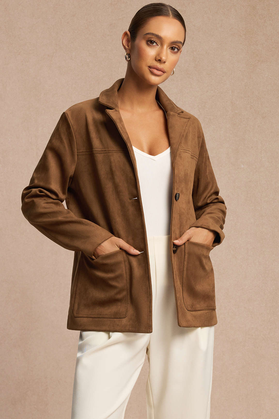Eliette brown patch-pocket jacket with a turned collar, front view