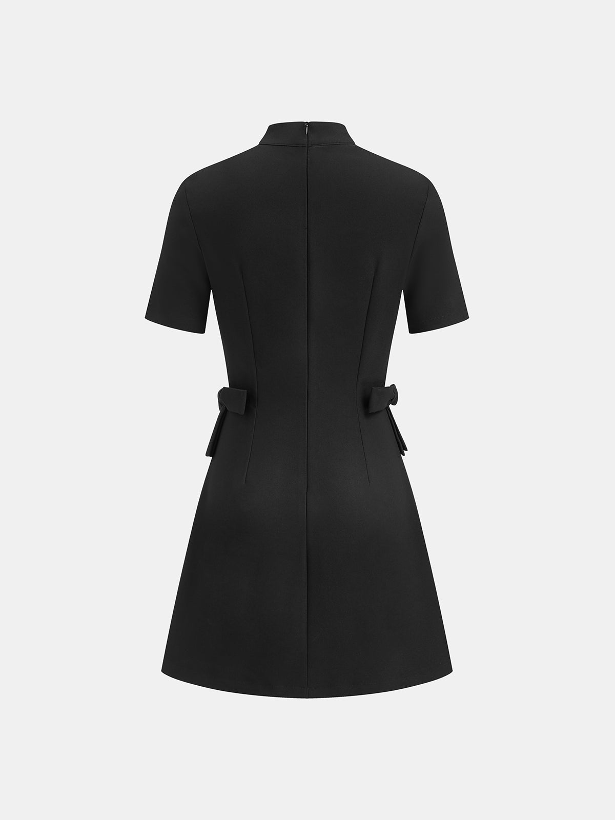 Elodie black short-sleeve bow dress laid flat, back