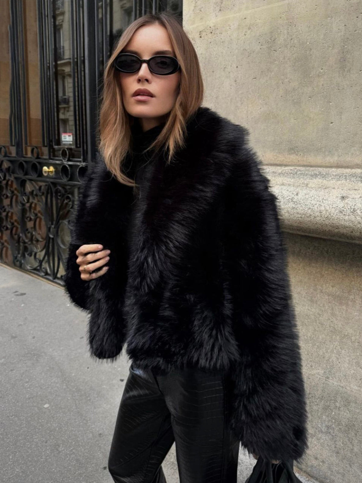 Elsa Black shawl collar shaggy jacket, three-quarter front view