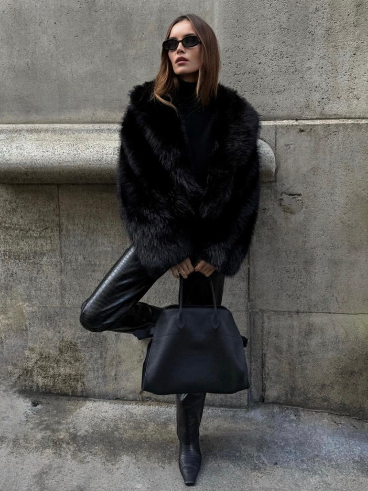 Elsa Black shaggy jacket worn open, full-length view