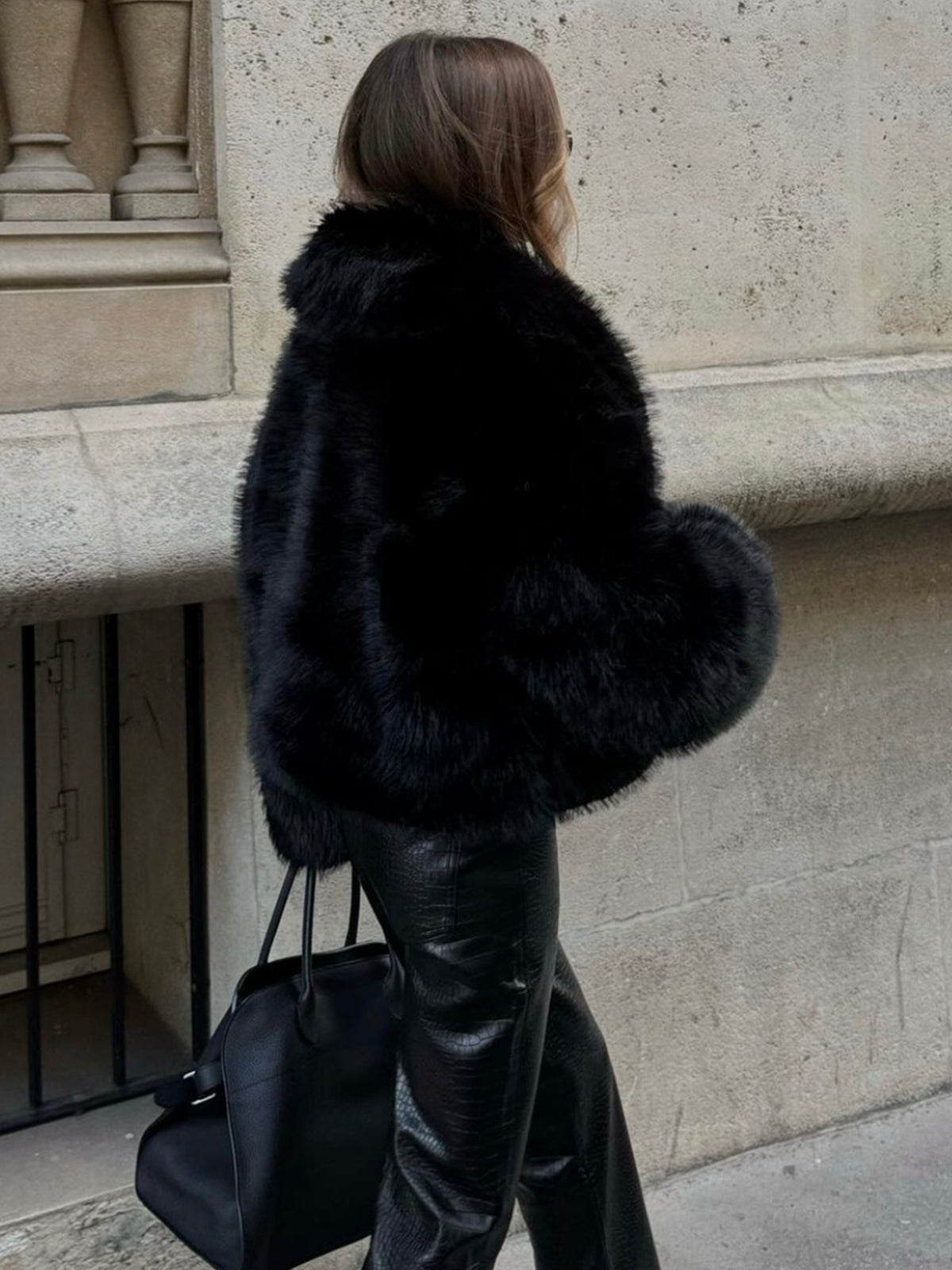 Elsa Black shaggy jacket, back view showing the horizontal pile rows