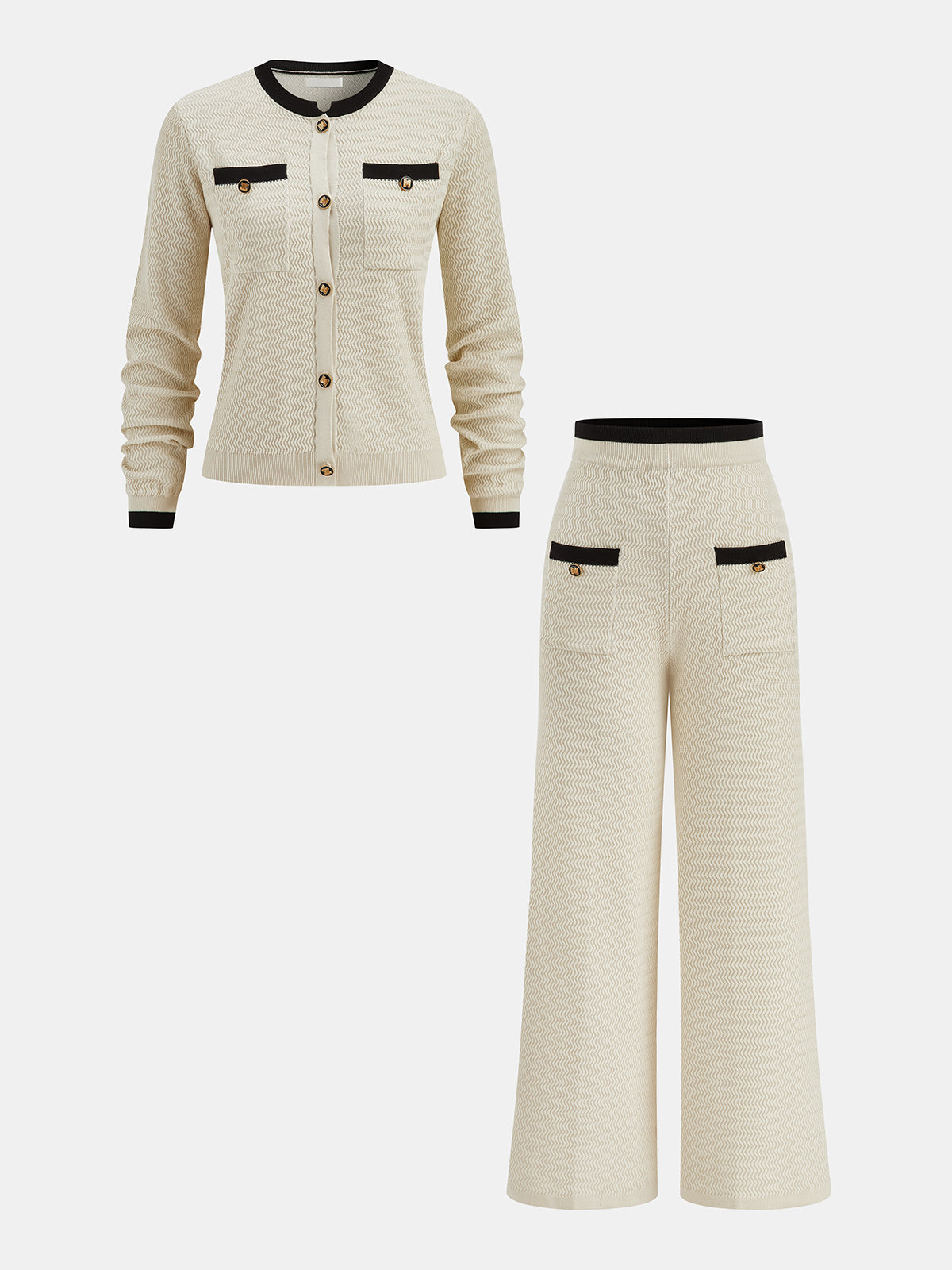 Emeline cream knit cardigan and wide-leg trouser set, laid flat