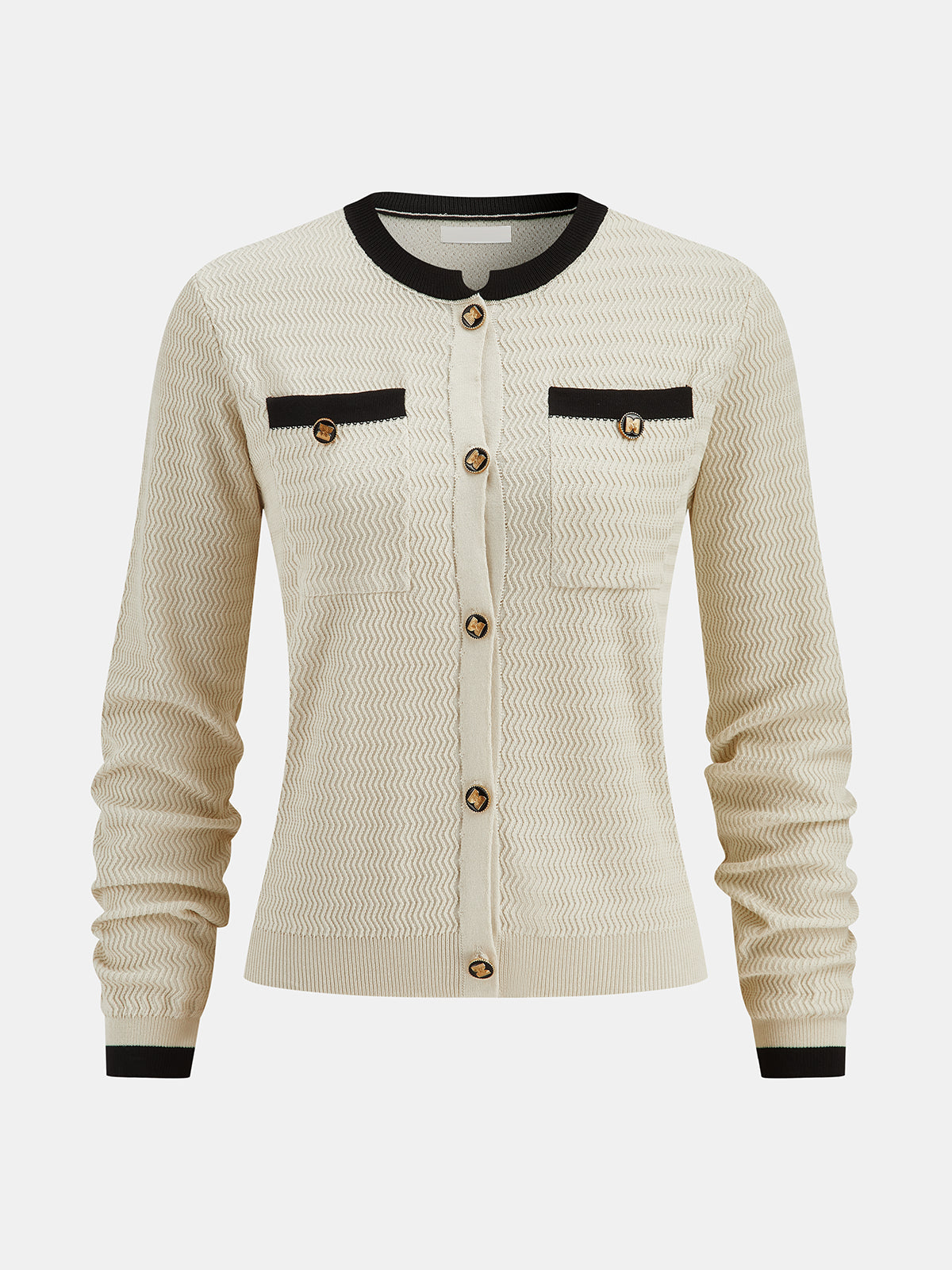 Emeline cream contrast-trim knit cardigan, front view