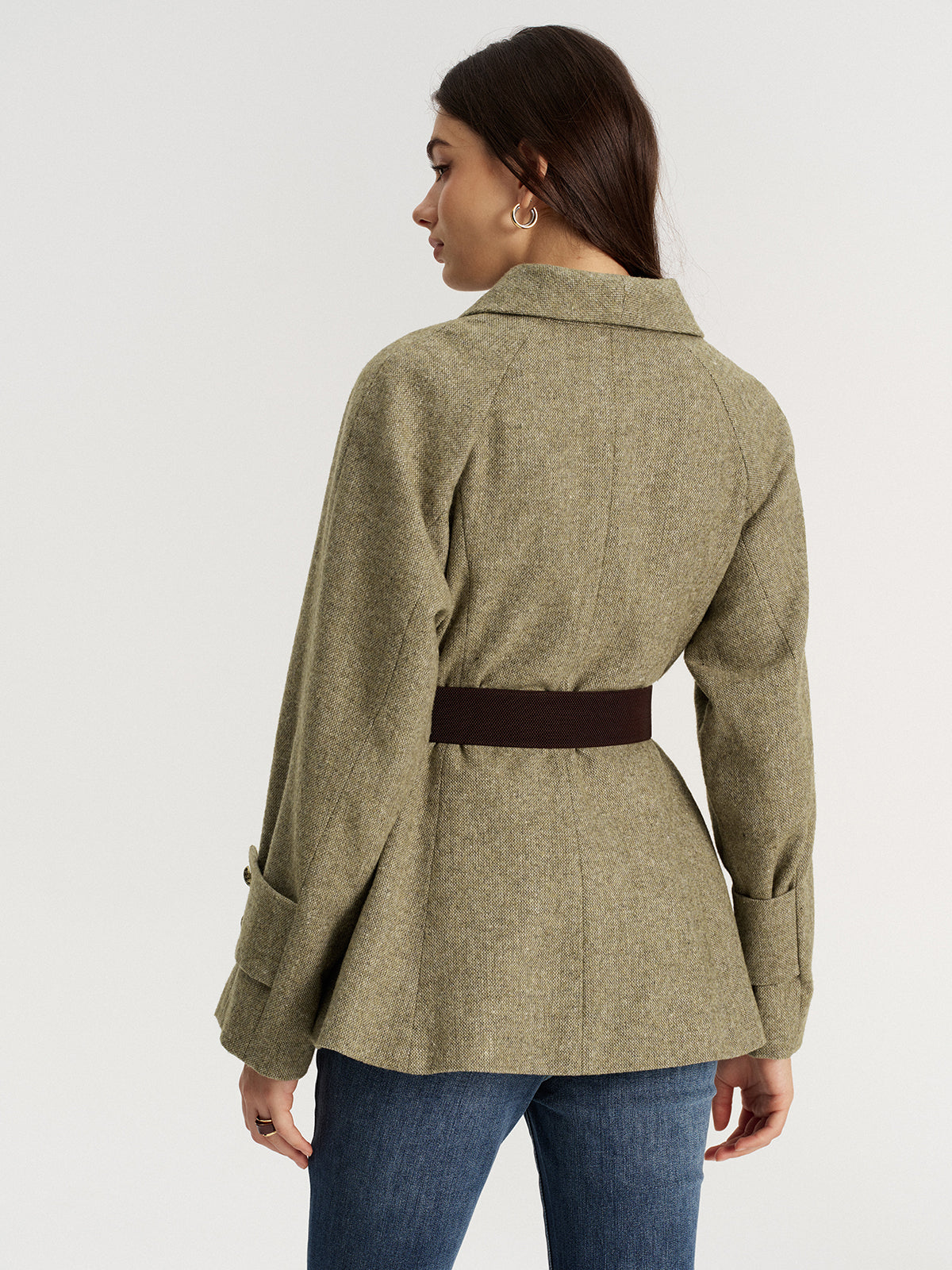 Emilienne green belted wool-blend jacket, back view with elastic belt across the waist