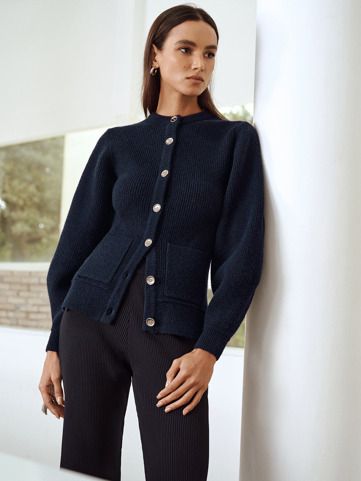 Ernestine navy button cardigan with hip pockets, front view