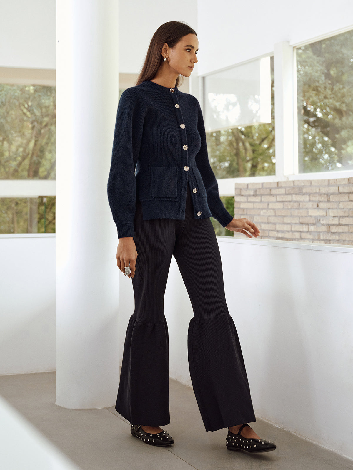 Ernestine navy fitted cardigan, side view