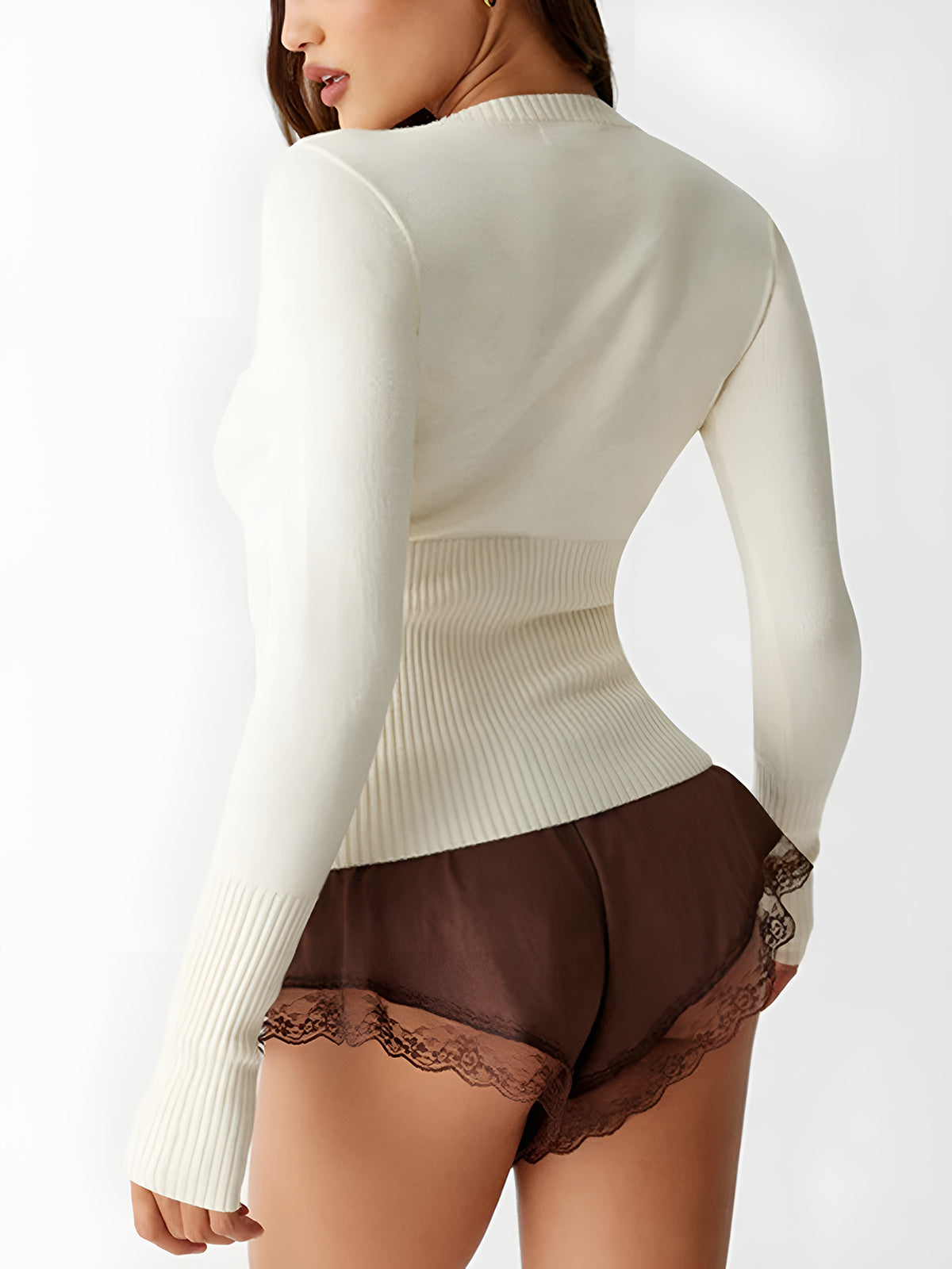 Eugenie white cardigan styled on model