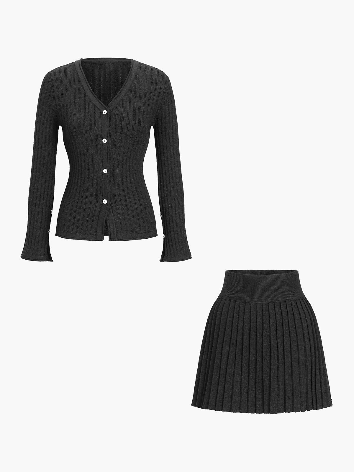 Eulalie black ribbed knit cardigan and pleated mini skirt set, both pieces laid flat
