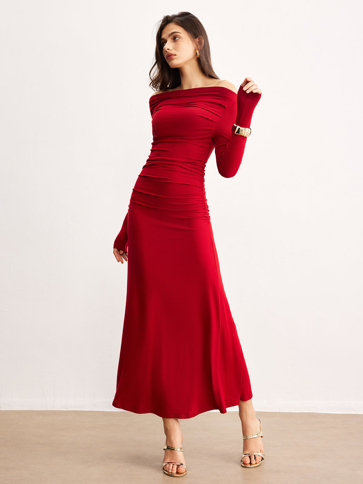 Fabienne red off-the-shoulder ruched jersey maxi dress, front view