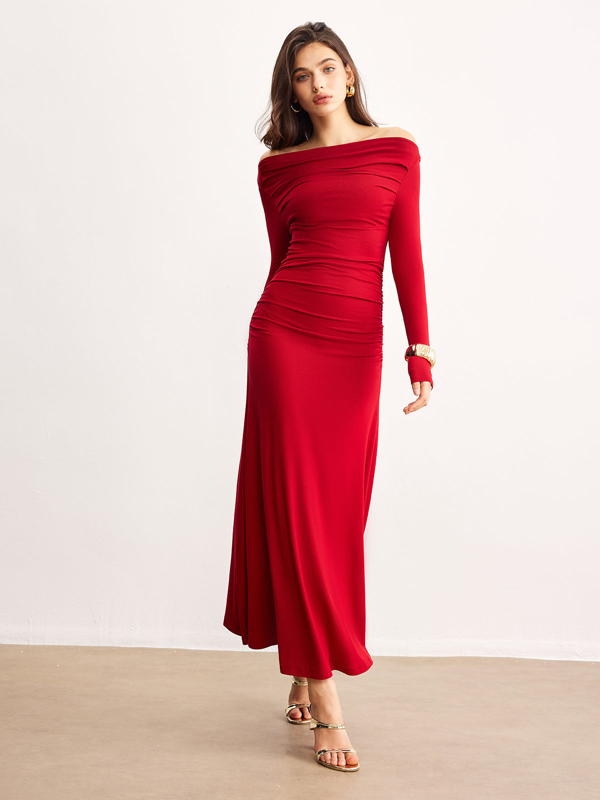Fabienne red long-sleeve jersey maxi dress, standing front view