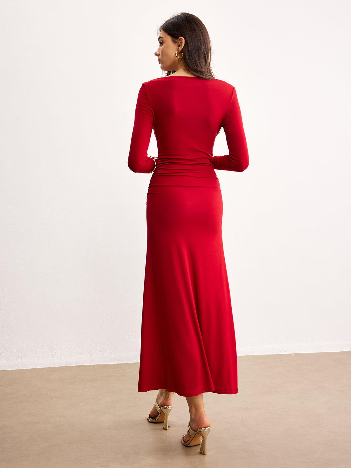 Fabienne red long-sleeve maxi dress, back view