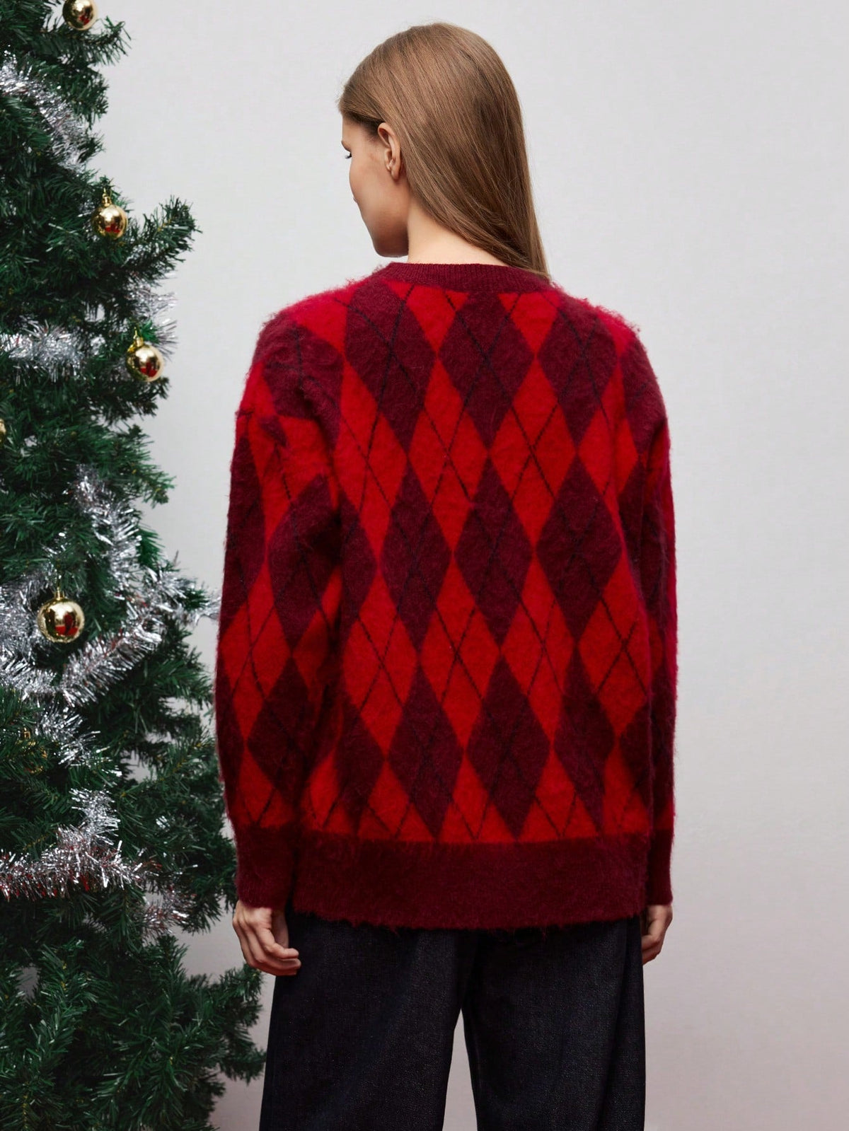 Faustine red argyle brushed knit sweater, back view