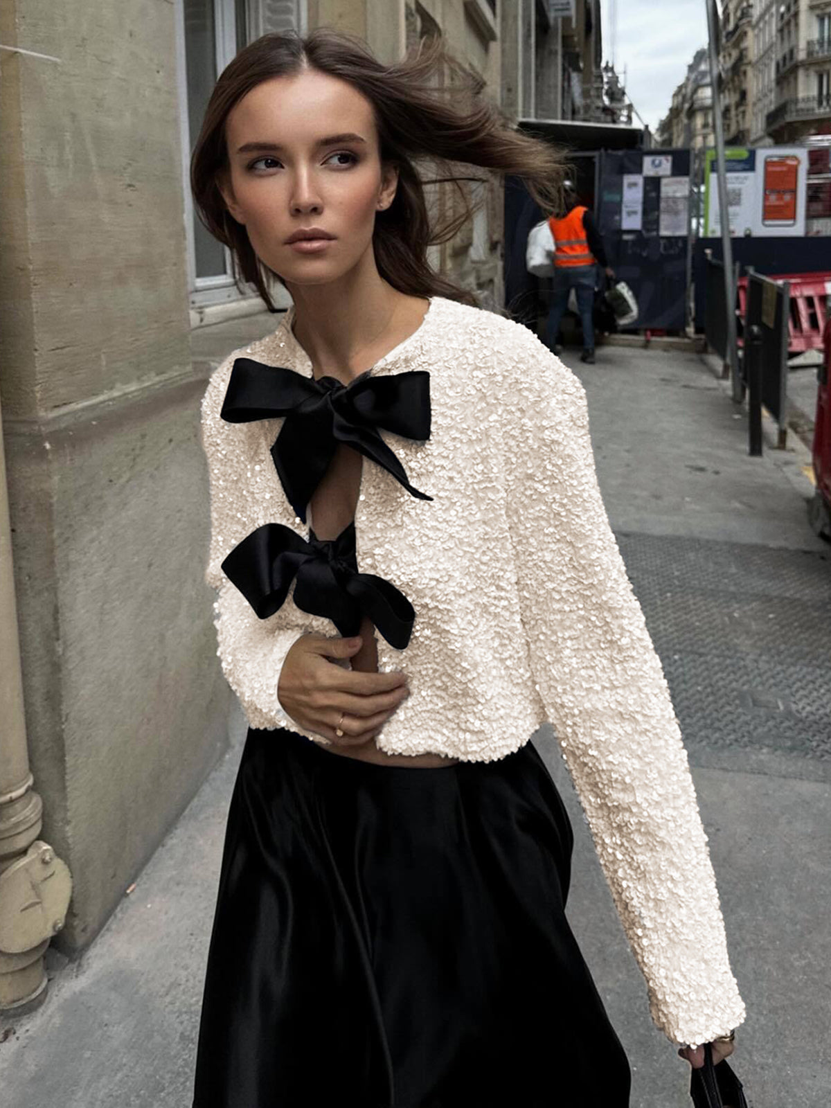 Fernande Cream sequin bow-front cropped jacket, front view