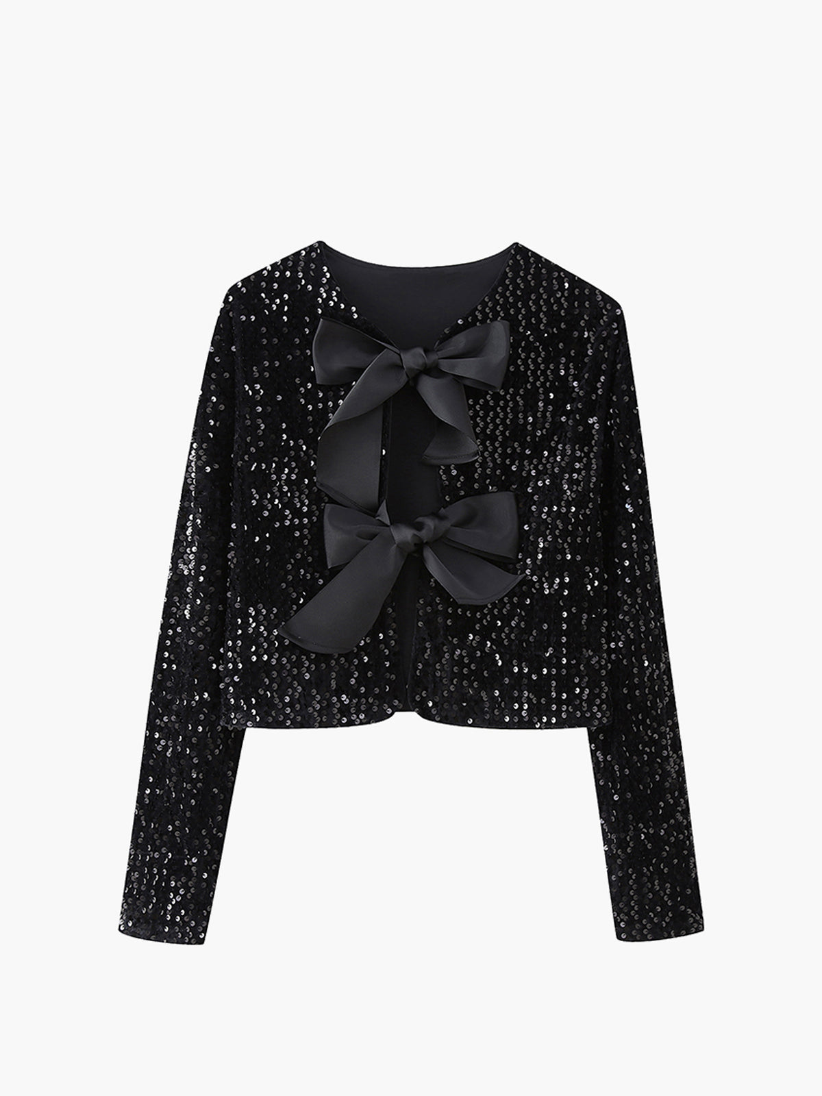 Fernande Black sequin bow-front cropped jacket, flat lay front view