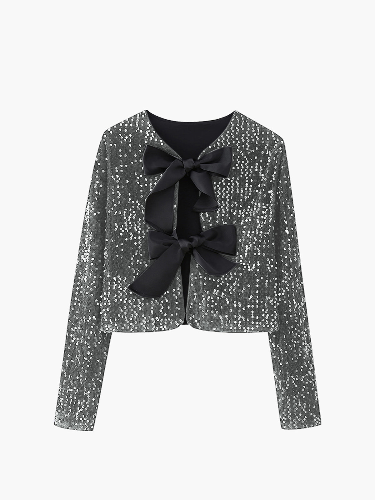 Fernande Black and Silver sequin bow-front cropped jacket, flat lay front view