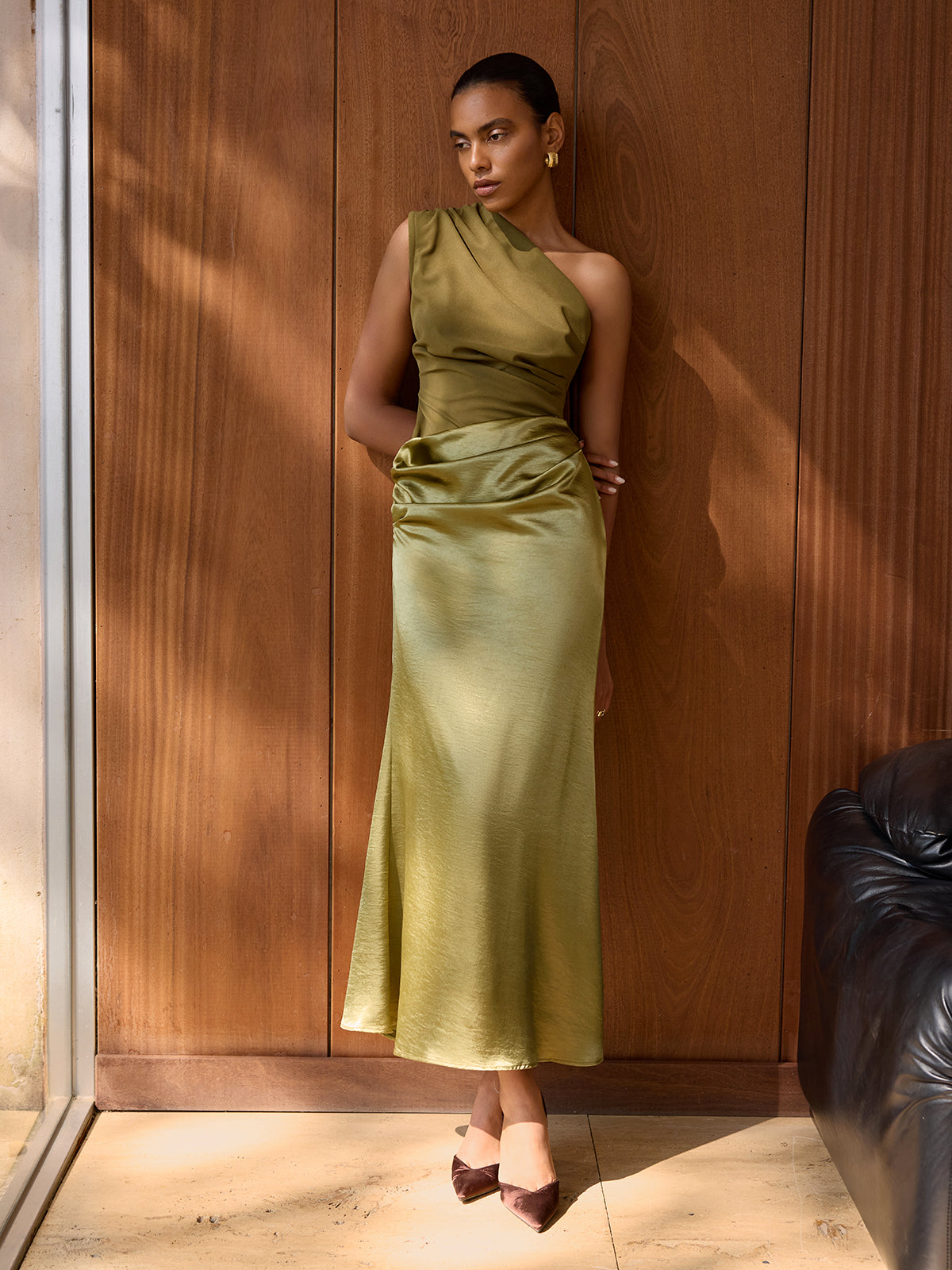 Fleur satin maxi dress ruched detail close-up