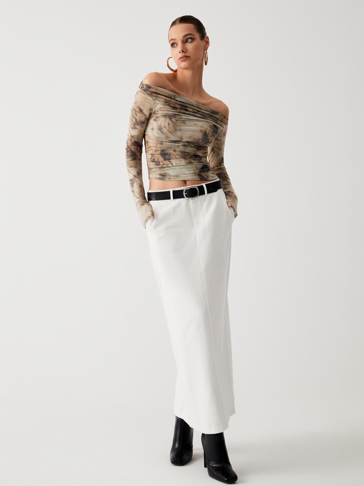 Khaki sheer tulle top, side view