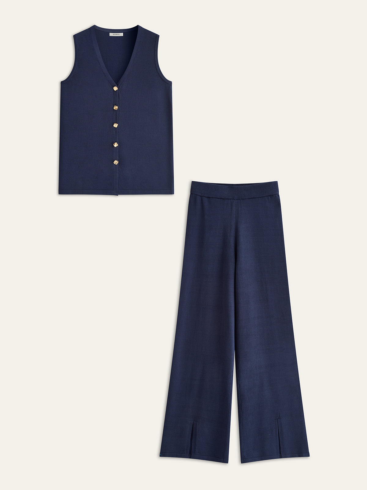 Francine navy longline waistcoat and wide-leg trouser set, laid flat