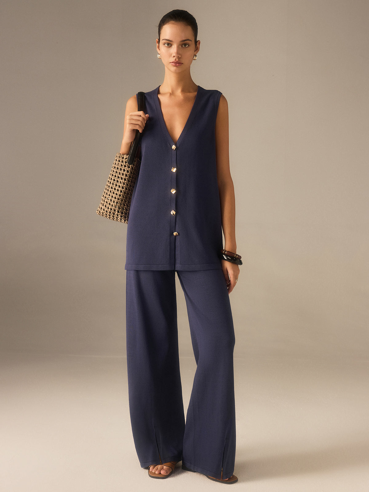 Francine navy longline waistcoat and wide-leg trouser set, full-length view