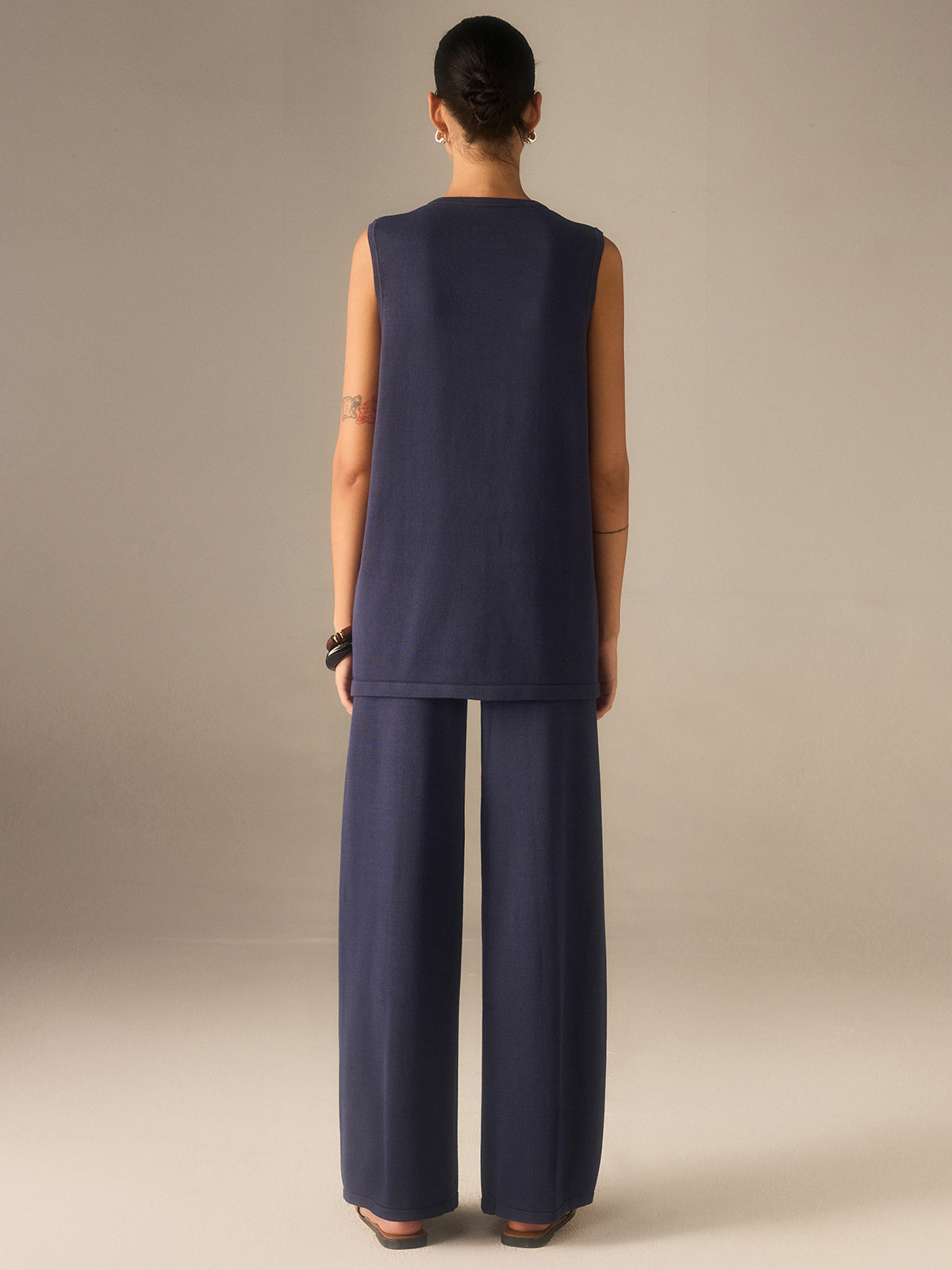 Francine navy longline waistcoat and wide-leg trouser set, back view