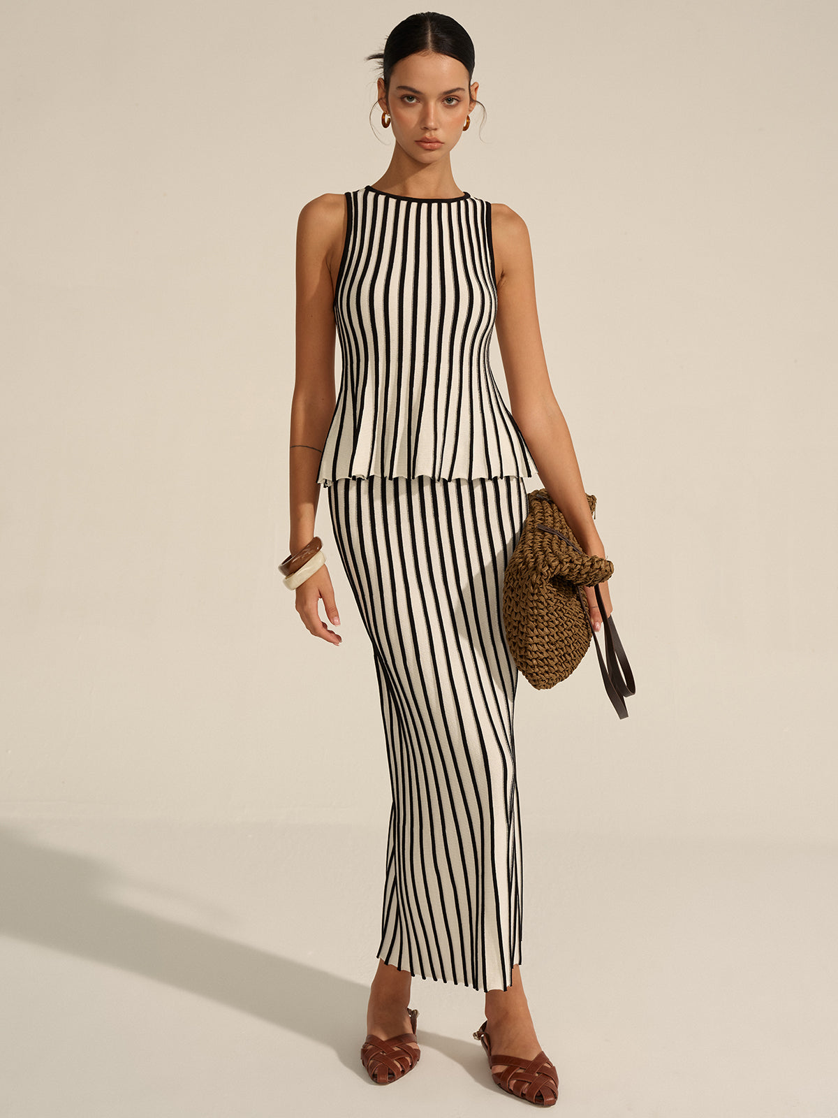 Gaelle black and cream striped knit top and maxi skirt set, front view