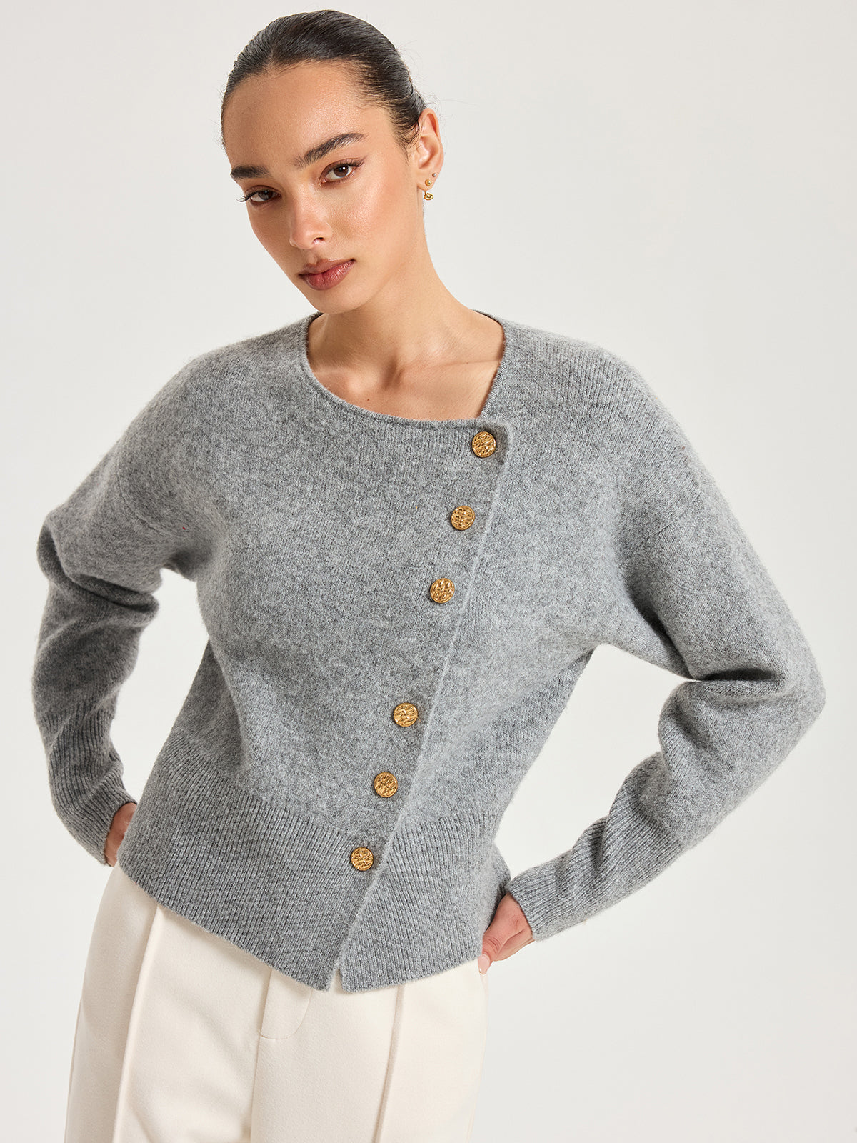 Genevieve gray asymmetric cardigan, front view showing the diagonal placket