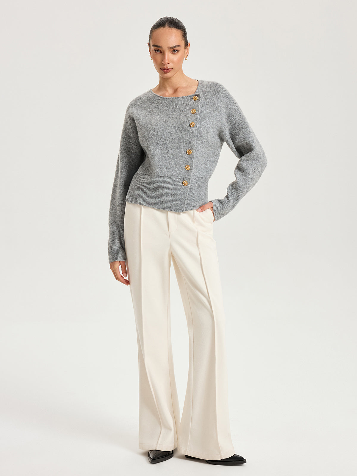 Genevieve gray asymmetric gold-button cardigan, full-length front view
