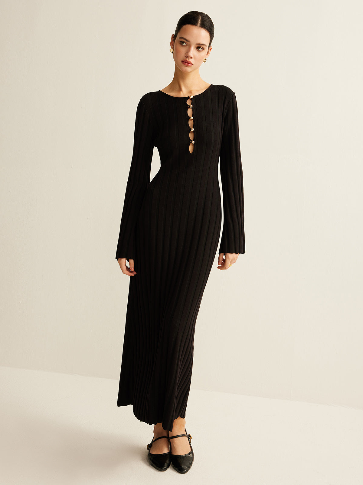 Germaine black ribbed bell-sleeve maxi dress, front view