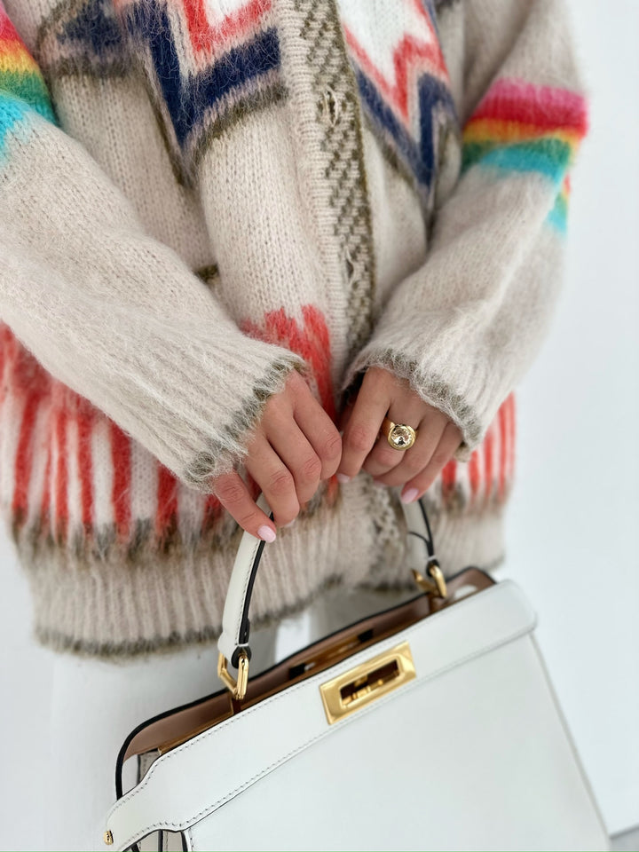 Gersende cream mohair cardigan showing the sleeve stripes