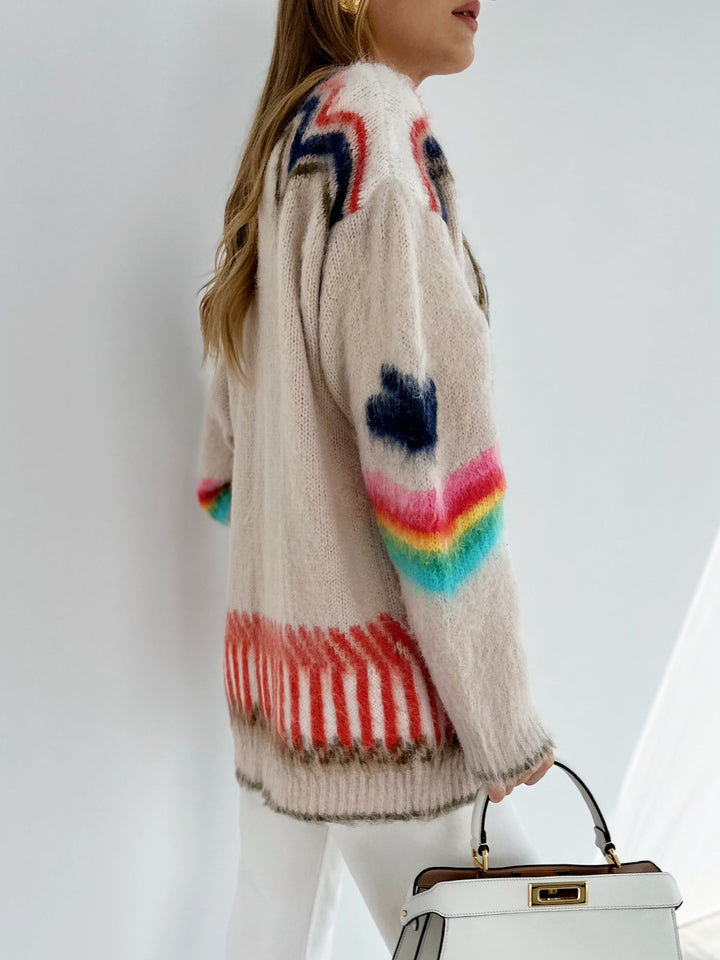 Gersende mohair cardigan worn open over white jeans