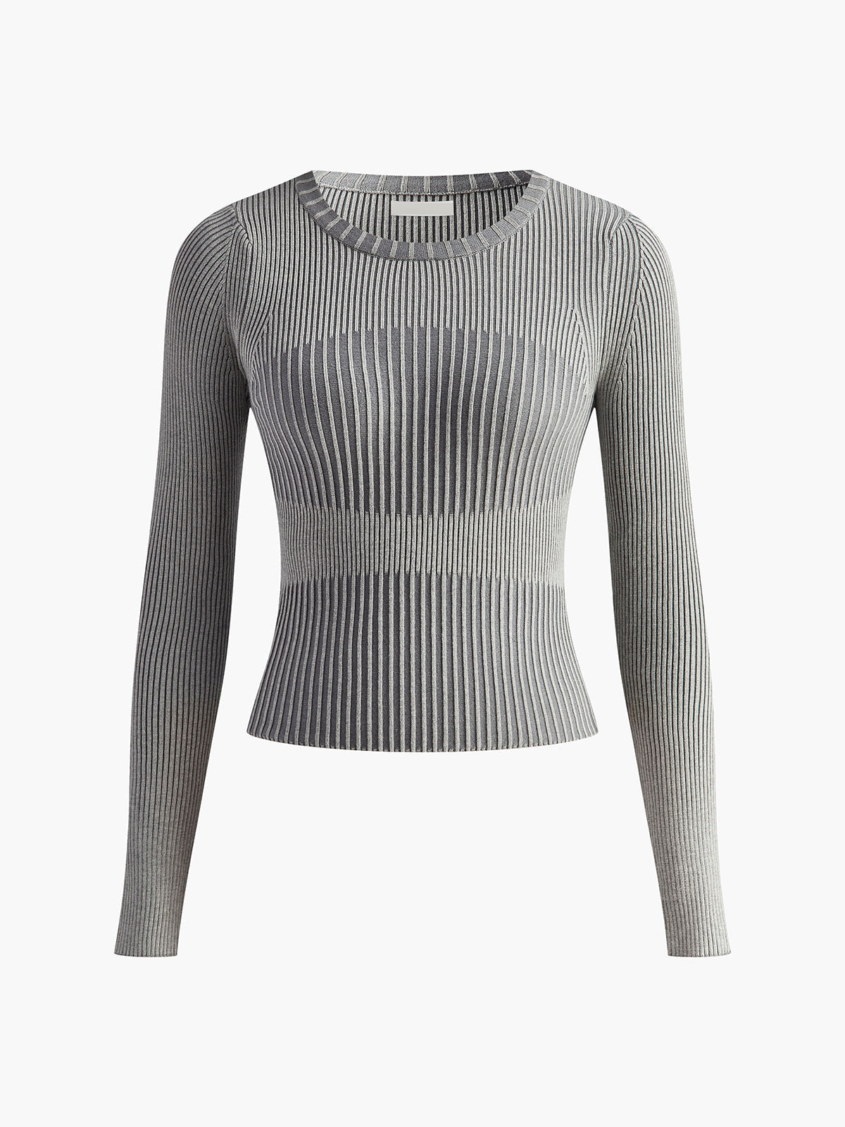 Ghislaine gray ribbed crew neck sweater, flat lay front view