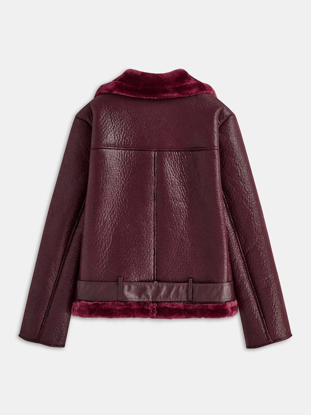 Gilberte Burgundy belted biker jacket, flat back view