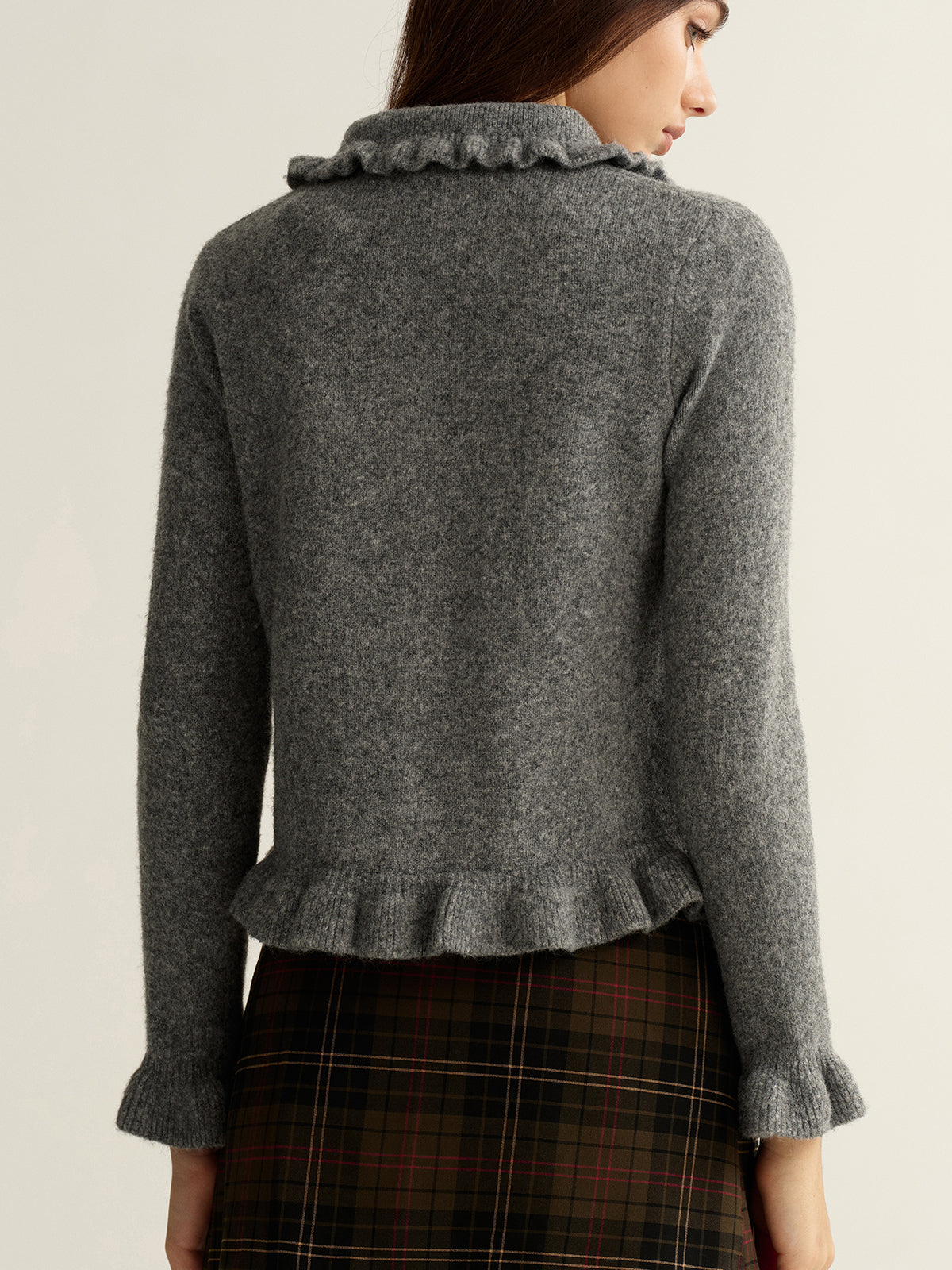 Ginette gray ruffle-collar button cardigan, back view of the ruffled collar