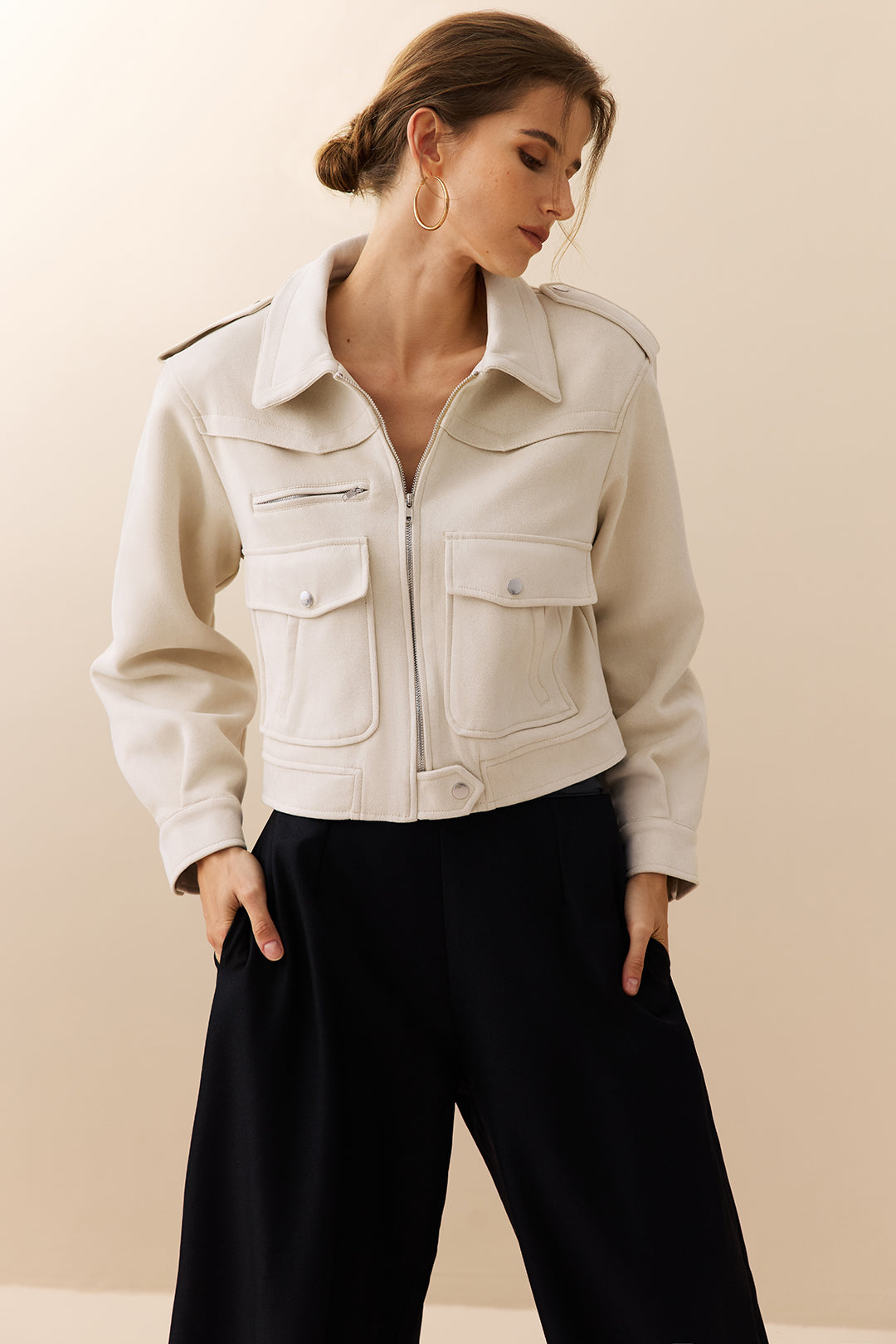Giselle beige cropped utility jacket, front view