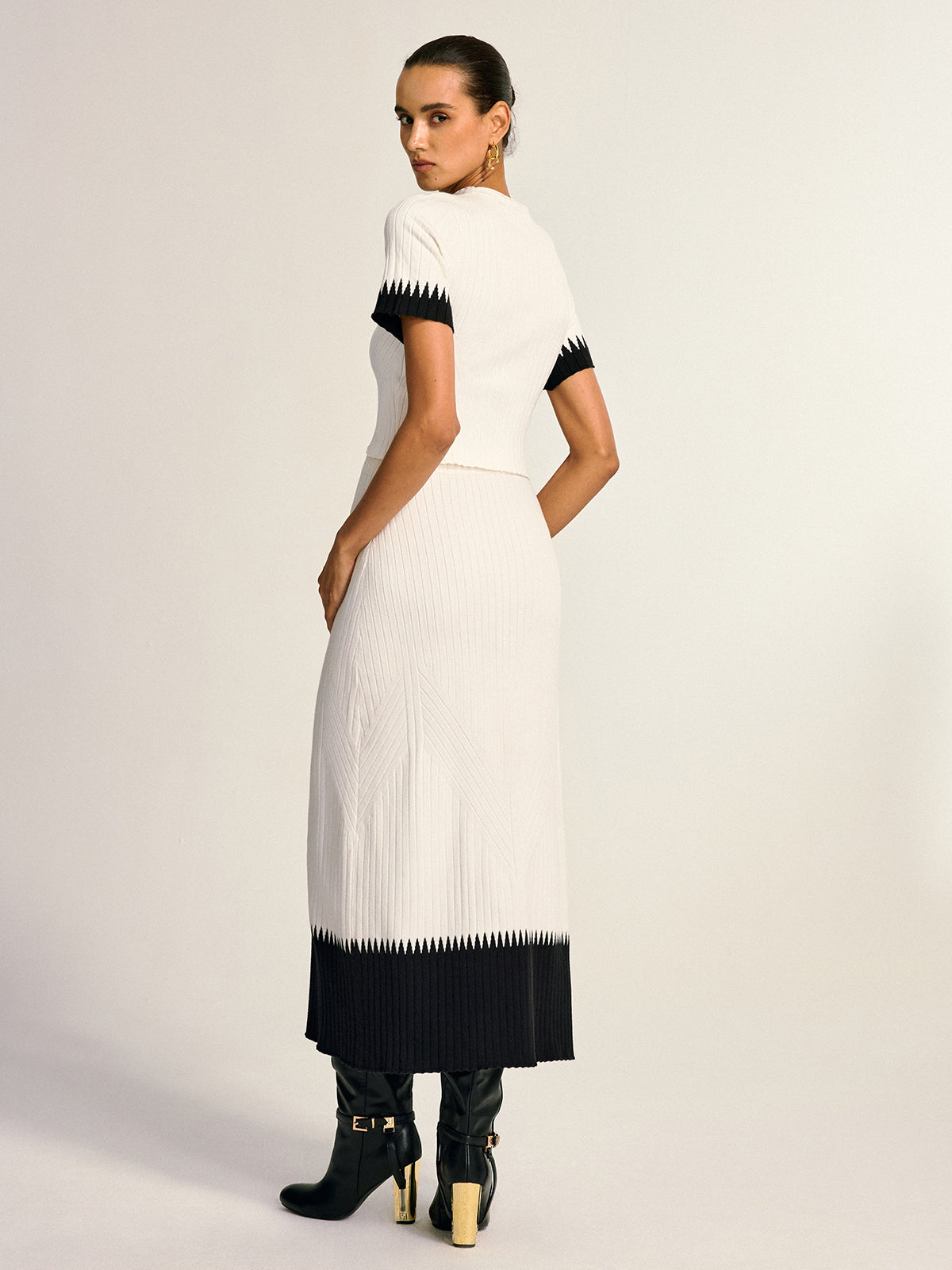 Gwenaelle white and black knit top and midi skirt set, back view