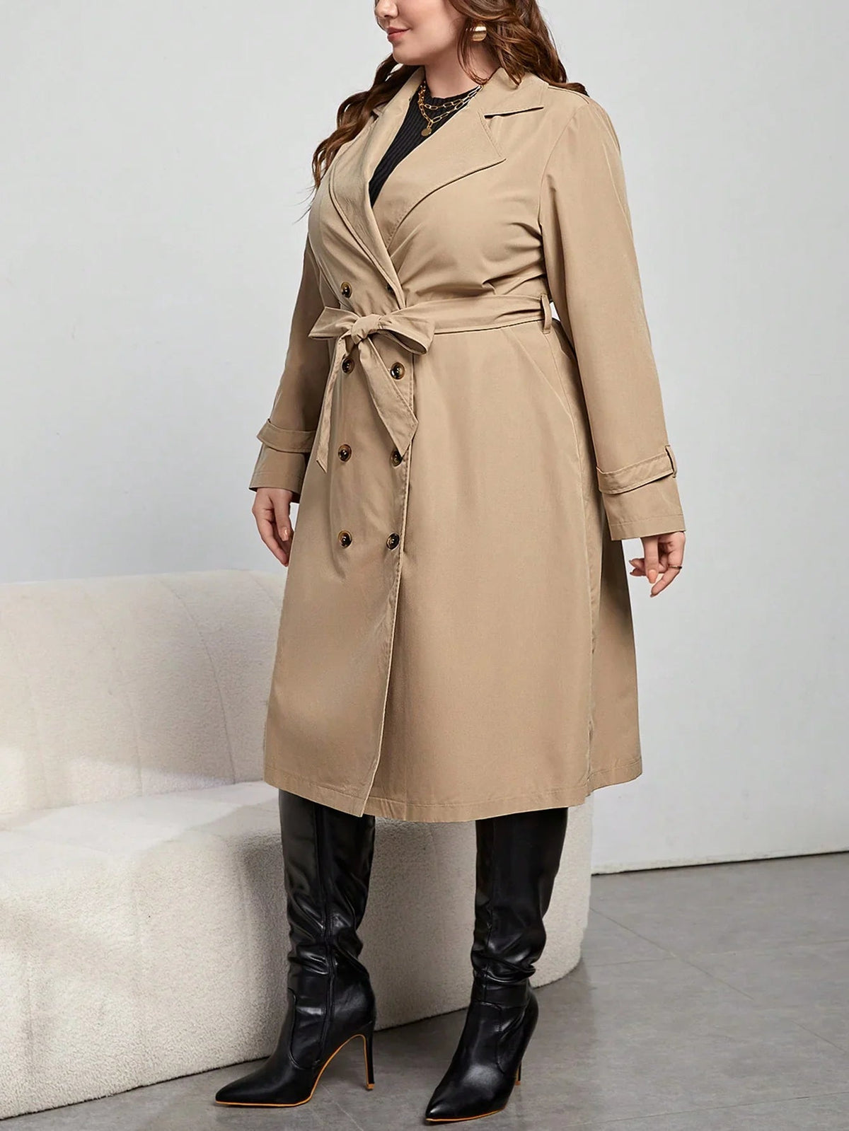 Henriette khaki belted trench coat, full-length view