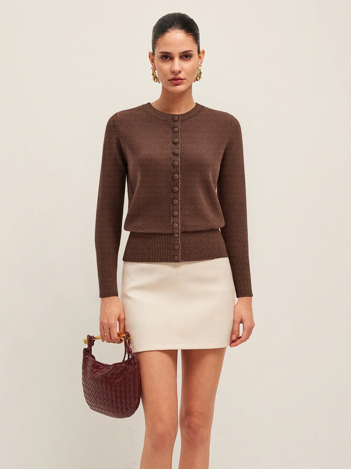 Honorine brown waist-length button cardigan, front view