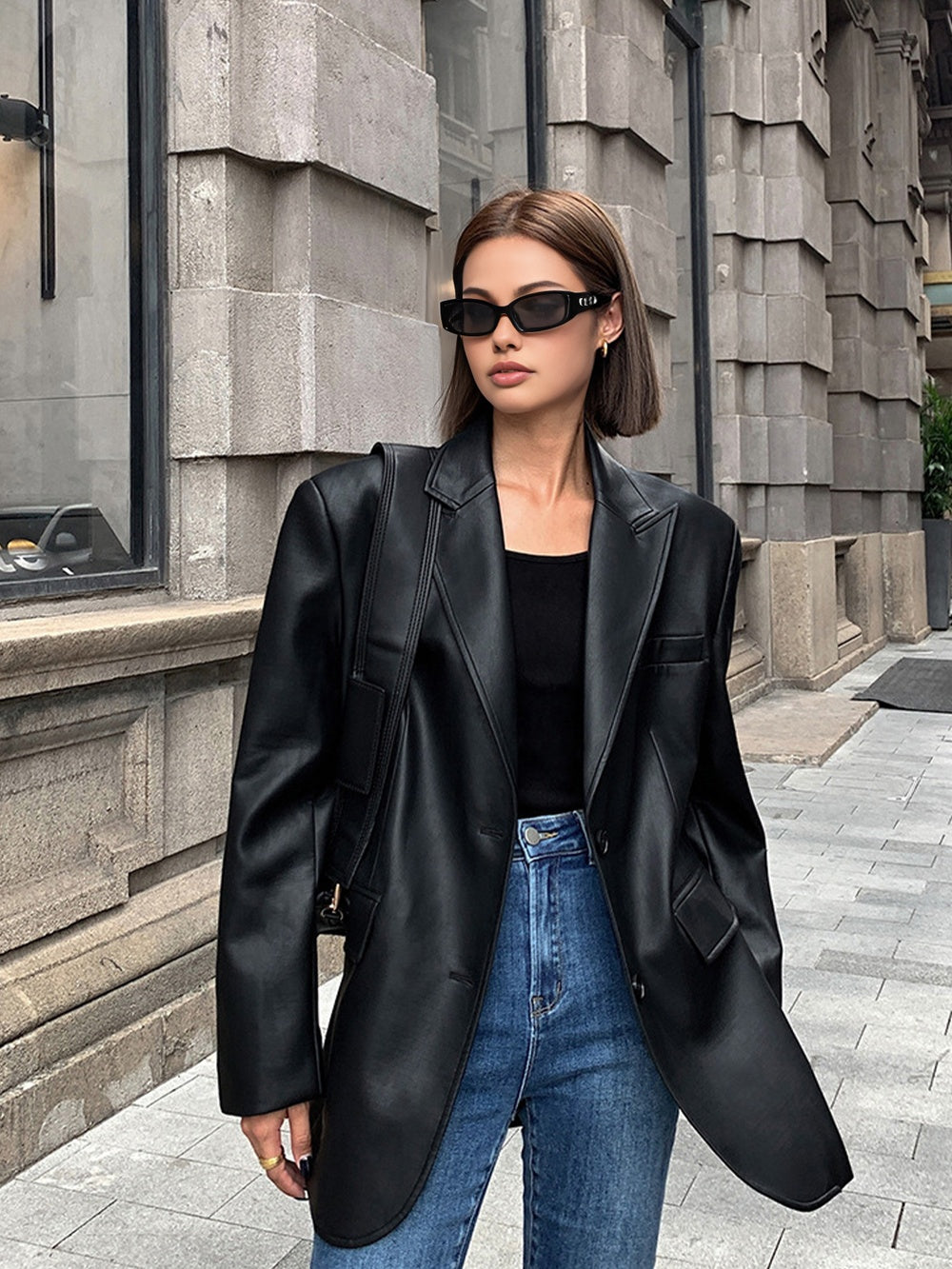 Huguette Black oversized peak lapel blazer, front view worn open