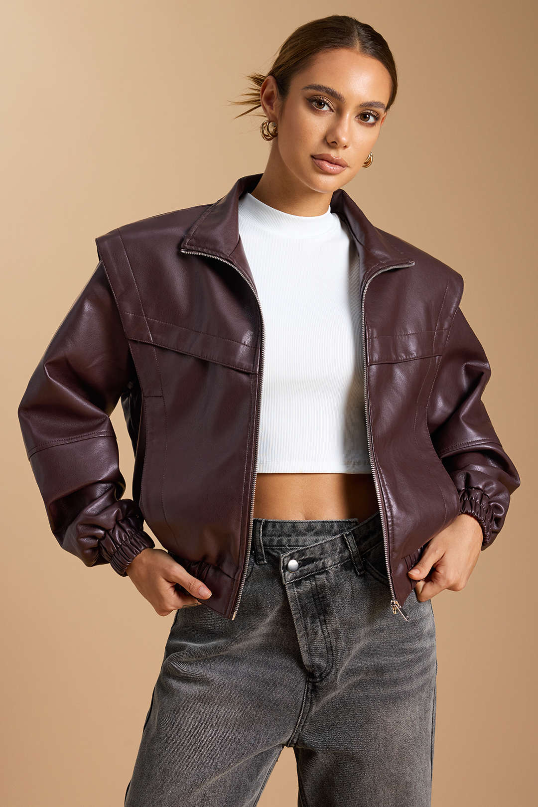 Ines brown zip-front bomber jacket worn open, front view